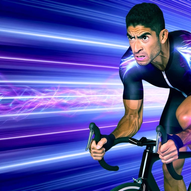A male athletic cyclist riding a bike at high speed, with a determined expression on their face