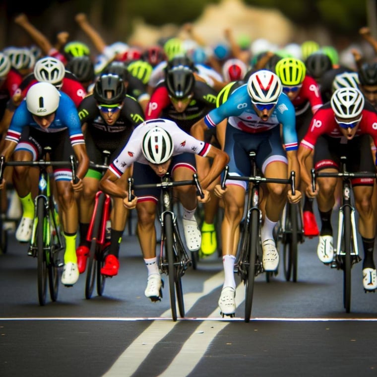 A road bike race bundle sprint finish like in the tour de France with a clear winning sprinter merging out of the group