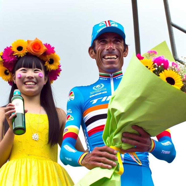 A road cyclist standing up in the top step, getting a flower bouquet from a girl as a win statement-2